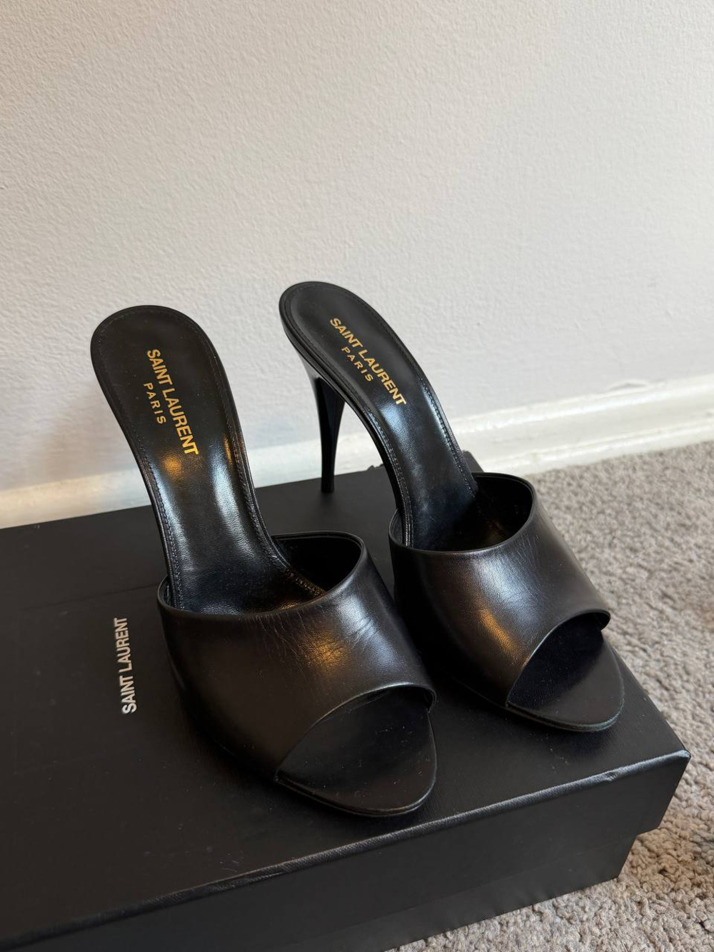 Saint Laurent Belfagor Black Leather Mule Heels Size 39.5